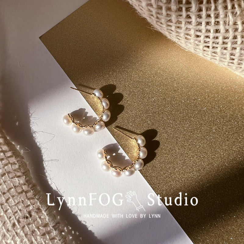 Gold Plated C Ring Bread Pearl Earrings