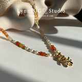 Gold Plated Ballon Dog Agate & Pearl Necklace