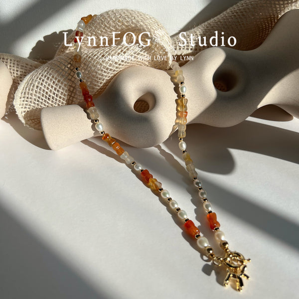 Gold Plated Ballon Dog Agate & Pearl Necklace