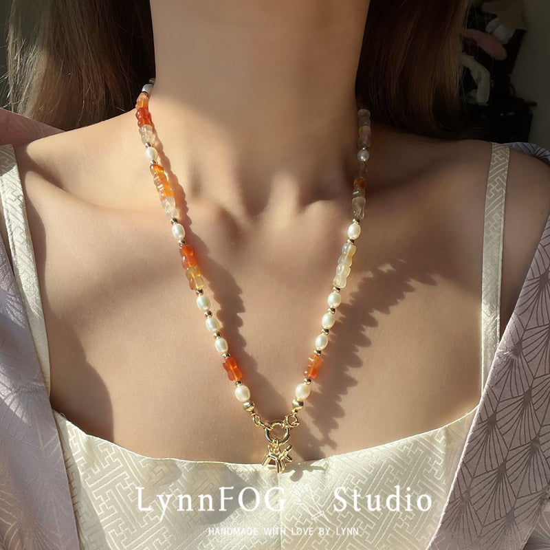 Gold Plated Ballon Dog Agate & Pearl Necklace