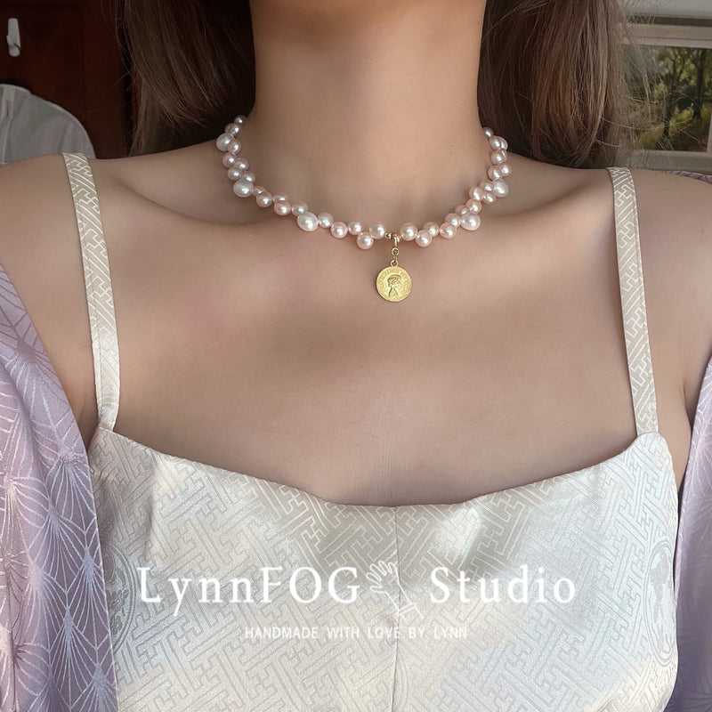 Vintage Tag Pink Bread Pearl Necklace